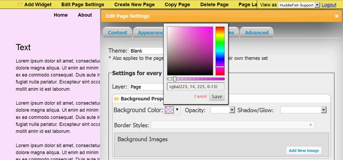 Setting the background color for the page layer